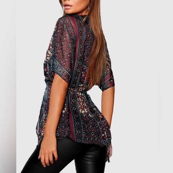 Boohoo Boho Patchwork Print Tie Front Blouse - Picture 2 of 5
